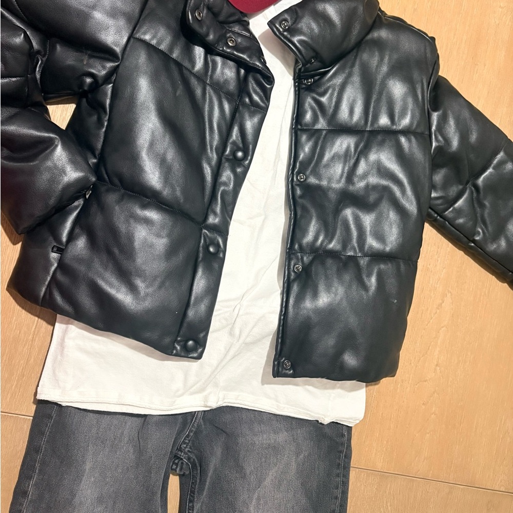 Women’s  Vegan Leather Black Puffer Jacket